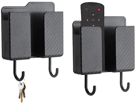 Remote Control Holder Self-Adhesive 2pcs, Wall Mounted Storage Box Multiuse Wall Phone Holder Black with Hook for Home Office