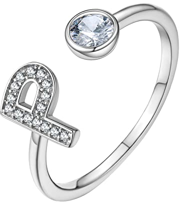 GoldChic Offener Verstellbarer Initialen Alphabet Ring S925 Silber A bis Z Buchstaben Ring mit Zirkonia Dekoriert Stapelbarer Ehering Trauring in Weißgold Ringgröße 51.8(16.5)- 67.2(21.4)