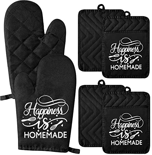 GROBRO7 6 teiliges lustiges Ofenhandschuh Set, Happiness is Homemade hitzebeständig heiße Pads maschinenwaschbar langlebiger Taschen Topflappen mit Aufhängeschlaufe für sicheres Backen Kochen Grillen