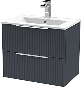 Hudson Reed DFF1493B Fluted Modern Bathroom Wall Hung 2 Drawer Vanity Basin Unit with Minimalist Ceramic Basin, 600mm, Soft Black