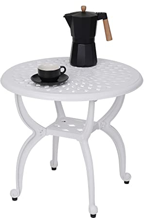 JARDIN DE CENTENNIAL Cast Aluminum Outdoor Side Table,Anti-Rust Outdoor End Table,Patio Coffee Bistro Table for Indoor,Garden,Porch,Balcony(Round White)