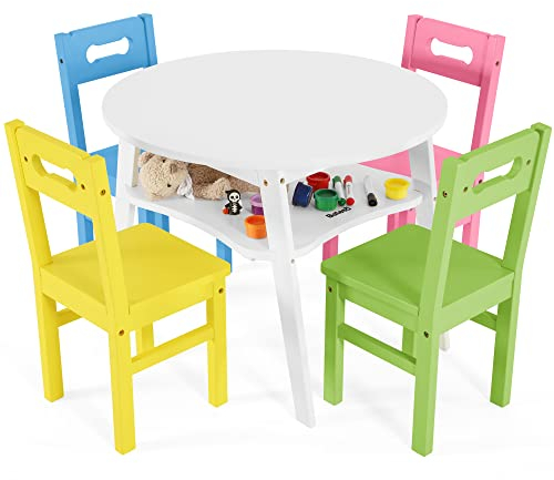 Bateso Kindersitzgrupp, Kindertisch mit 4 stühlen, Holz runden Kinder Tisch Stuhl Set mit großem Stauraum, 5-teilige Kindermöbel Set für Haus, Kindertagesstätte, Spielzimmer, Kindergarten