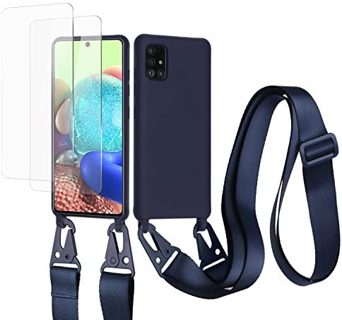 vrupin kompatibel mit Samsung Galaxy A71 5G Handykette Hülle,[2 Stück Schutzfolie 9H Härte Gehärtete Folie].Necklace Hülle Nylon Schultergurt Weich Flüssiges Silikon-Navy blau