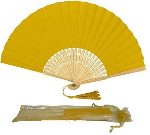 Paper Handheld Folding Fan with a Tassel and Grade A Bamboo Ribs for Women Girls Summer Party Favour Birthday Wedding Gift (School Bus Yellow)