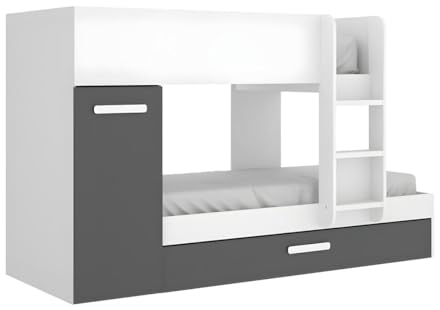 Rimobel Etagenbett Ausziehbett mit Stauraum - 3X 90 x 190 cm - Weiß & Anthrazit - Anthony
