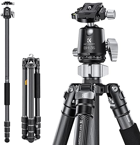 K&F Concept Treppiede per Fotocamera Carbonio 173cm, Treppiede da Viaggio Leggero, Treppiedi Professionale Portatile Compatto con 360° Testa a Sfera e Piastra di Sgancio per Reflex DSLR, Carica 16kg