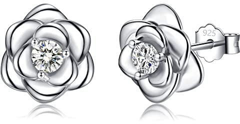 Silver Stud Earrings for Women Girls, Rose Flower Sterling Silver Studs Earrings with Cubic Zirconia│White Gold Plated Dainty Romantic Earrings Jewellery Gifts