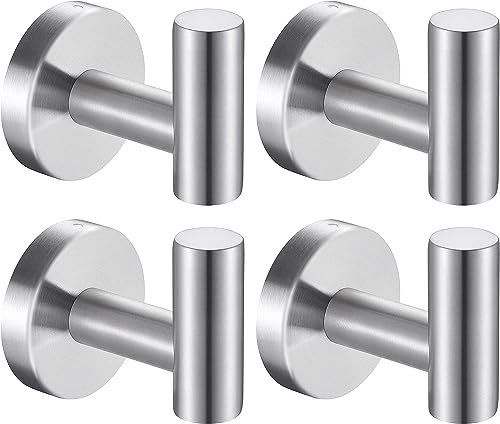 QNIIAED 4 Pcs Bathroom Towel Hook,Screw in Metal Coat Robe Hook SUS 304 Stainless Steel Heavy Duty Wall Door Hanger for Bathroom Kitchen Garage Home Hotel Office(Brushed Silver)