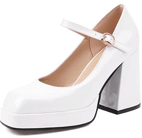 MJIASIAWA Moda Tacco Chunky Mary Jane Donna Vernice Festa Scarpe Lovely Sposa Square Toe Pump Bowknot Festa Vestito Bianco Numero 33 EU