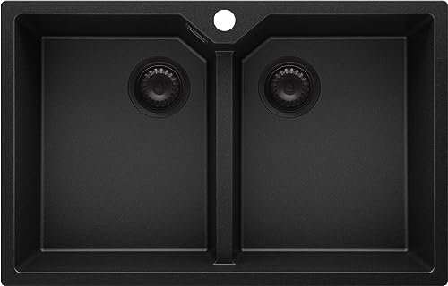 PRIMAGRAN Fregadero Cocina Todo Negro 78x50cm, Granito 2 Senos + Sifón, Sobre encimera al mueble 80cm - Madrid Twin