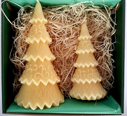 KANKAN 2 natürliche Bienenwachskerzen im Set: 2 Tannenbäume, klein und groß - in dekorativer Verpackung