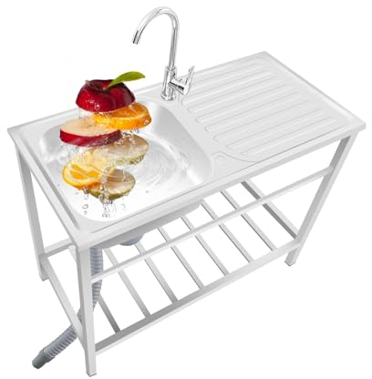 75x40x75cm Fregadero Comercial De Acero Inoxidable Con Banco De Trabajo Y Estantes De Almacenamiento Fregadero De Cocina Con Grifo Fregadero Jardin Exterior Fácil De Instalar Para Lavadero Garajes