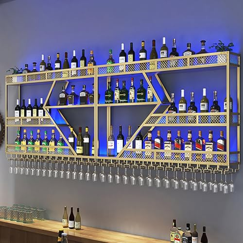 Botellero De Pared Con Luz LED,Botellero Vino Metálico,Soporte Vino Pared,Grande Bar Estante Para Vinos Colgante,Estantería De Vino Con Soporte Para Copa De Vino,Para Cocina,Bodega,Comedor,Vinoteca (