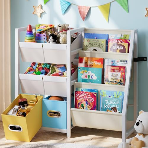 LATIBELL Kinder-Bücherregal, Spielzeug-Aufbewahrung, Organizer – Bücherregal für Kinderzimmer, 6 Spielzeugbehälter für Kinder-Organizer und 3 Schlingen, Kinder-Bücherregal