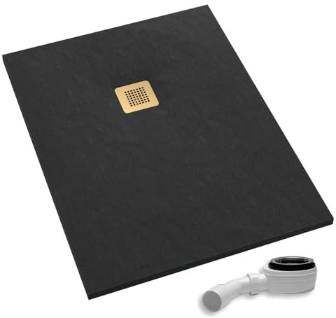 AQUABAD Duschwanne/Duschtasse Palast mit LeakProtect Technologie Black Stone 90x140cm Rechteck - Blende: poliertes Gold | inkl. Ablaufgarnitur/Siphon