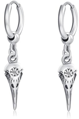 PARYFO Wikinger Ohrringe 925 Sterling Silber Rabe Hängende Huggie Ohrring Raben Totenkopf Ohrringe Nordische Wikinger Runen Schmuck Geschenke für Unisex, Sterling Silber
