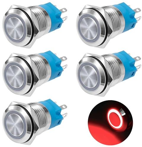 GUNGY Interruptor de Botón 19mm Pulsadore 12V/24V 3A Pulsador Momentáneo Impermeable Interruptores Pulsador de Latón Cromado con Anillo de Luz LED Rojo 5 Piezas