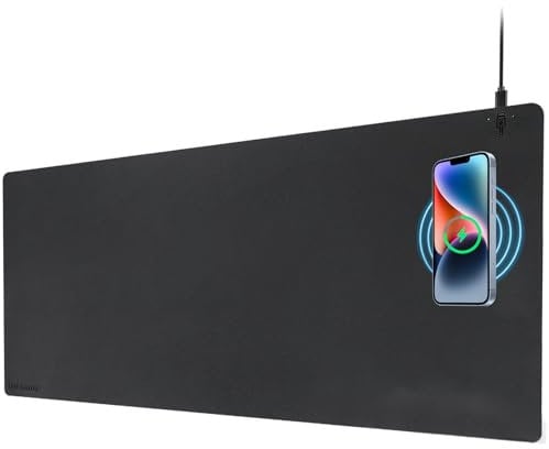 Office Wireless Charging Mouse Pad, 2 in 1 Fast 15 Watt Wireless Charging Desk Mat with Anti-Slip Base,Qwxamz Waterproof Leather for Wireless Charger Pad Keyboard and Mice Mat, 36Lx17W-Black