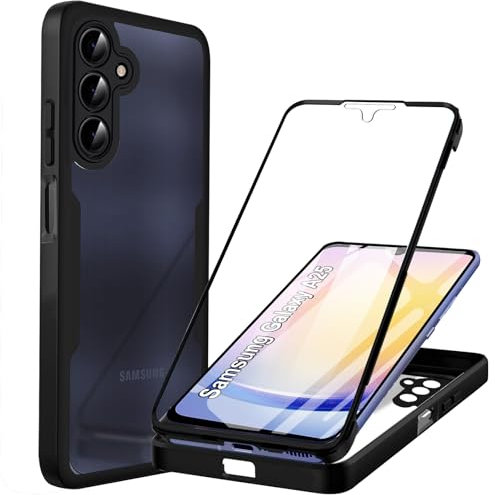 Funda para Samsung Galaxy A25 5G Carcasa Antigolpes 360 Grados Protección con Protector de Pantalla Integrado Robusto Doble Cara Ultrafina Transparente Bumper Carcasa para Samsung Galaxy A25, Negro