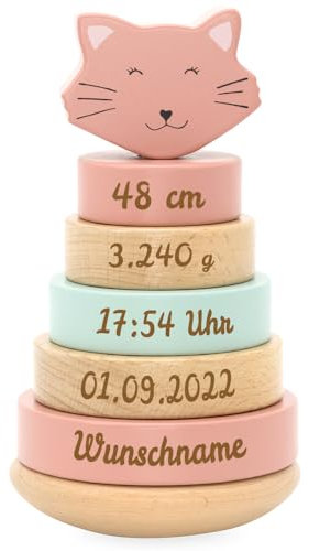 Personalisierter Stapelturm aus Holz von Trixie mit Namen und Geburtsdaten graviert Geburtsgeschenk Katze