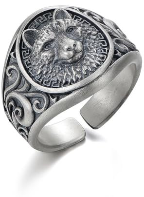 Ringe Herren, Edelstahl Ringe Silber, Vintage Biker Ringe Wikinger Gothic Ringe Set Verlobung Freundschaftsringe für Herren Männer, Wikinger-Wolfskopfring