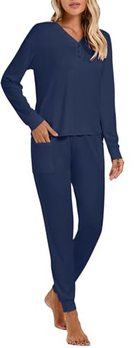 Famulily Women's Solid Color V Neck Long Sleeve Top & Jogger Pants 2 Piece Pajama Set Sleepwear Navy L