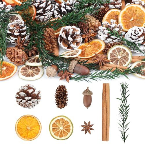 Wlicon Christmas Wreath Making Decoration, Natural Pinecone, Cinnamon Sticks, Dried Orange Slices, Star Anise, Acorns for Crafts for Christmas Wreath Vase Filler Christmas DIY Crafts Party Decor