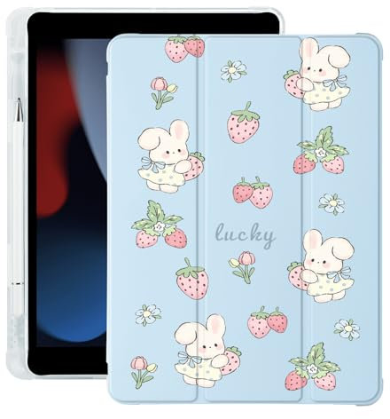 Cute Kawaii Bunny Strawberry for iPad Air 11 Inch Case 7th/6th Generation (M3/M2) 2025/2024 with Pencil Holder, Auto Sleep/Wake, Blue Leather Soft TPU Back Cover