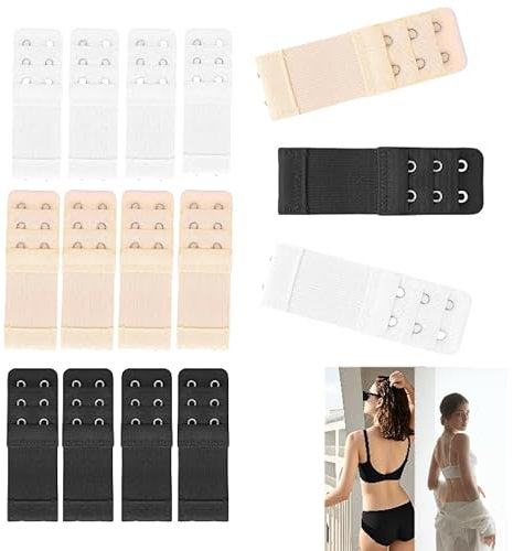 Hawfund Rallonge Soutien Gorge 2 Crochet,12pcs Extensions de Soutien,qui est doux à porter, Durable et Pas Facile à Casser,3 x 2 Crochets,Taille 9,7 x 3,2 cm,(4*noires, 4*blanches, 4*nues)