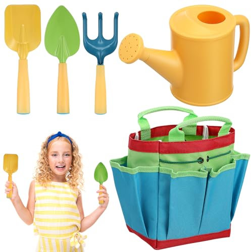 YARNOW Kids Gardening Tool Set with Shovels Rake Watering can and Portable Storage Bag Lightweight Safe Children Garden Tools for Outdoor Play