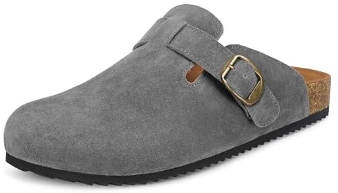 Mens Suede Clogs Leather Mules Cork Footed Slip On Sandals Slides with Arch Support Shoes Size Grey UK12=48