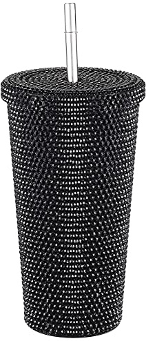 Trinkbecher mit Nieten, glitzernd, 500 ml, mit Deckel, Trinkhalme, handgefertigt, glitzernd, Edelstahl, vakuumisoliert, Geschenk für heißen Kaffee, kalte Getränke, isoliert, nachfüllbar (schwarz)