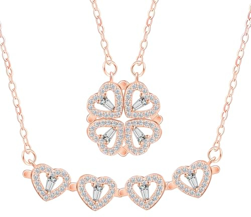 Herz Kleeblatt Magnetisch Damen Halskette, Kette Silber 925 mit Zirkonia Vierblättriges Kleeblatt Anhänger, Elegante Glänzend Glückskette Zwei Tragestile Modeschmuck für Frauen Mama Frau Freundin