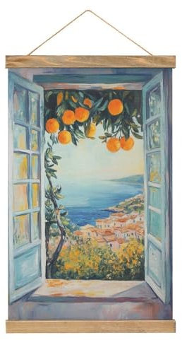 Jubonexis Quadro su tela con finestra aperta con alberi di arancio e mare, cornici in legno, per appendere poster e quadri da appendere alla parete