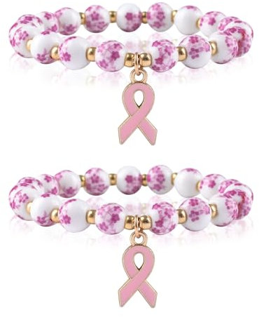 WANDIC 2 x Oktober rosa Schleifenarmband, Brustkrebs-Bewusstsein, verstellbares Keramikarmband mit Metallband-Anhänger, rosa Blumenmuster, für Frauen