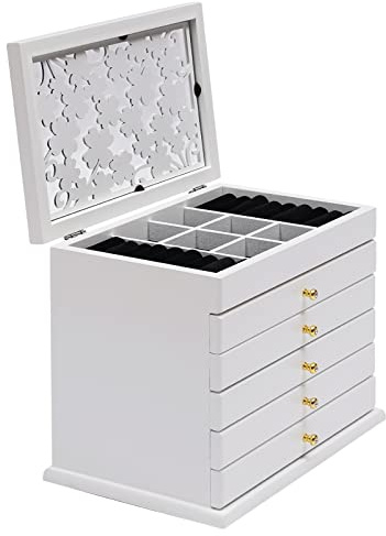 Schmuckkasten Holz Schmuckkoffer 6 Ebenen Voll ausziehbare Schublade Schmuckbox Vernunftiges Layout Frei montiert Große Kapazität Schmuckorganizer für Organisation Verschiedener Schmuck (Weiß)