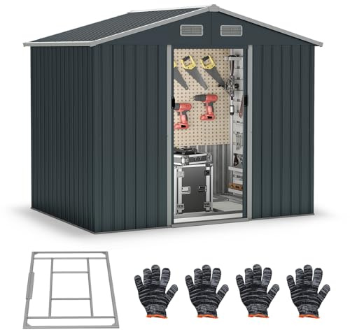 GOPLUS 3,66m² Abri de Jardin Métal Galvanisé avec Toit en Pente, Fondation, 7,17m³, Résistant aux Intempéries, 2 Porte Coulissante et 4 Vent Aération, Cabane de Jardin, Patio, 235 x 171 x 196 CM, Gris
