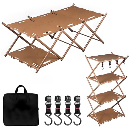 CGLRybO Camping Folding Storage Table，2-in-1 4-Tier Storage Rack, Shelves Camping with Storage Bag, Portable Outdoor Picnic Rack For Beach BBQ Grill Cooking