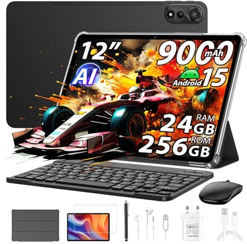 Blackview Mega 2 12 Pollici Tablet con Tastiera e Mouse, 24GB+256GB/2TB Android 15, 2 Altoparlanti,Widevine L1, 2.4K FHD+, 9000mAh, 5G WiFi 4G LTE Tablet PC Mode,OTG,Protettiva,Penna intelligente,Nero