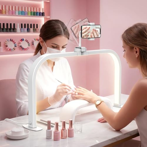 Adonafy Nail Light for Desk: 29in Foldable Half Moon Light for Beginner - 3 Color Modes & 10 Brightness Nail Desk Lamp for Home & Salon Use - 40W Manicure Table Lamp for Beauty/Reading/Tattoo - White