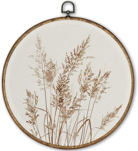 Vintage Botanical Round Wall Art Decor Framed, Neutral Plants Cottage Core Cottagecore Canvas Wall Art Prints Artwork, Boho Fall Farmhouse Hanging Wall Picture Room Decor for Bedroom 26cm Framed