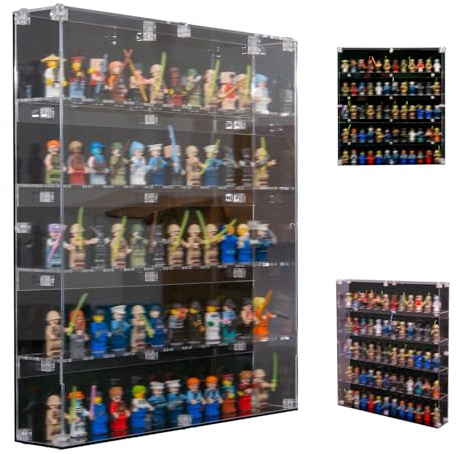 icuanuty Einteilige Acrylglas-Vitrine für Minifiguren, für 60 Minifiguren, 5 Ebenen | Wand-Schaukasten staubdicht, kompatibel mit Lego Figuren | Schwarz, vergilbungsfrei,39x40x6,5cm(Nur Vitrine)