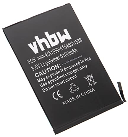 vhbw Batterie Compatible avec Apple iPad 5,2, A1538, A1546, A1550, Mini 4 Tablette Pad (5100mAh, 3,8V, Li-polymère)