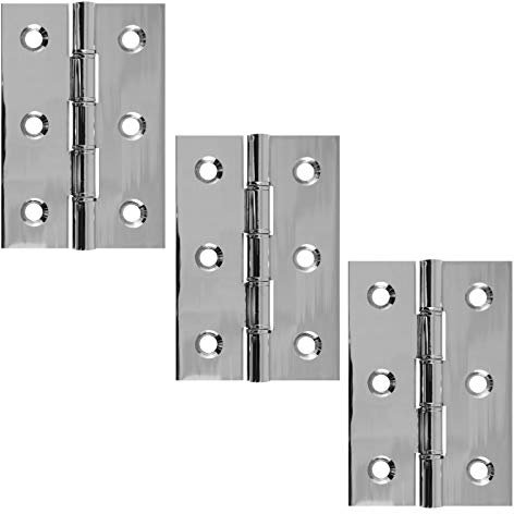 A&H™ 3 x 2. Inch - 76mm x 51mm x 2.2mm Heavy Duty Double Phosphor Bronze Washered Door Hinges 1.½ Pairs (3 Hinges) Polished Chrome