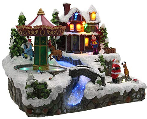 Bonetti LED Winterdorf mit drehendem Element, Weihnachtsdeko mit bunter Beleuchtung, detailgetreu gefertigt, Bachlauf mit Farbwechsel (Karussell)