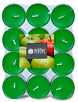 Müller Teelichte Duftkerzen – 39 × 15 mm – Brenndauer 4 Stunden – Wachskerzen – Anti-Tropf, Aluminiumbehälter (Apfel, 24 Stück), Grün