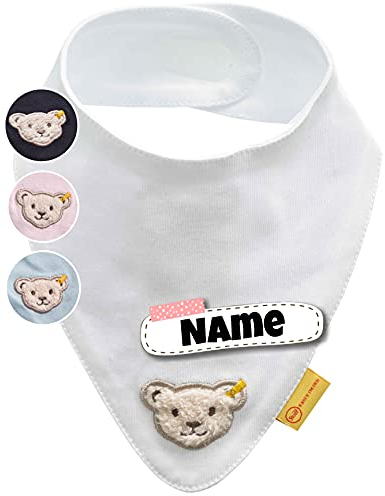 Steiff Baby Halstuch personalisiert | individuell bestickt mit Namen | 100% Baumwolle | 4 Farben verfügbar (Schneeweiß)