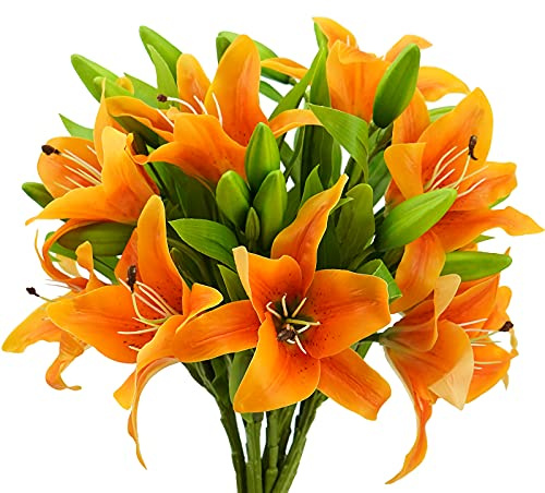MINYULUA 8Pcs Artificial Tiger Lily Flowers Orange Real Touch Lilies | Flower Bouquet Faux Floral Table Centerpieces Arrangement for Wedding Party Decor, Bright Colors