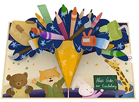 papercrush® Pop-Up Karte Einschulung - Besondere 3D Glückwunschkarte oder Geldgeschenk zum Schulanfang für Mädchen und Jungen, Handgemachte Einschulungskarte mit Schultüte für ersten Tag in der Schule