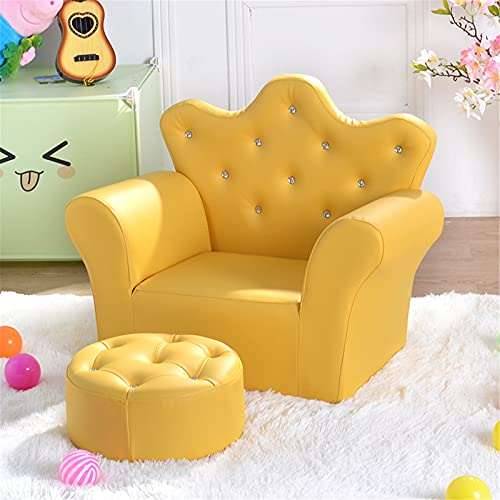 JHKGY Kindersofastuhl,Kindersofa Mit Fußhocker,Gepolsterte Couch Für Kleinkinder Mit Holzrahmen,Kindersessel Crown,Kinderstuhl Aus PVC-Leder,Für Wohnzimmer Schlafzimmer,Gelb